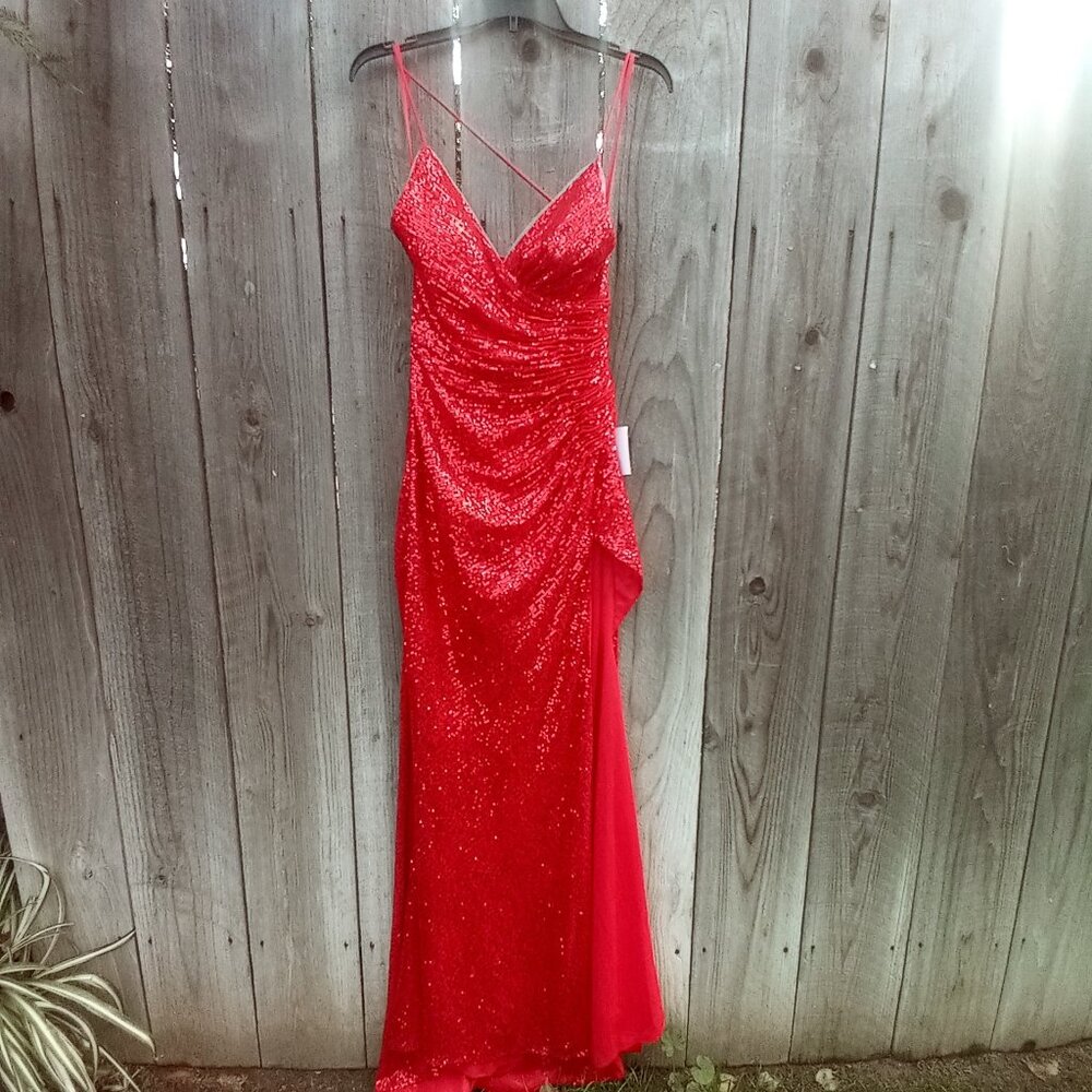 CINDERELLA DIVINE MAXI DRESS WOMENS SZ S RED SEQUIN LACE UP TIE BACK ZIP CLOSURE